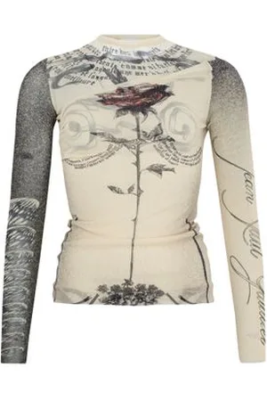 Jean Paul Gaultier Doppellagiges Mesh-Top mit langen Ärmeln und Print