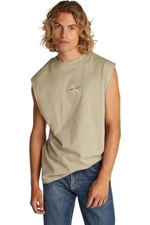 Calvin Klein Herren Tank Top Monologo Sleeveless Tee Relaxed Fit, Beige (Aluminum), XL