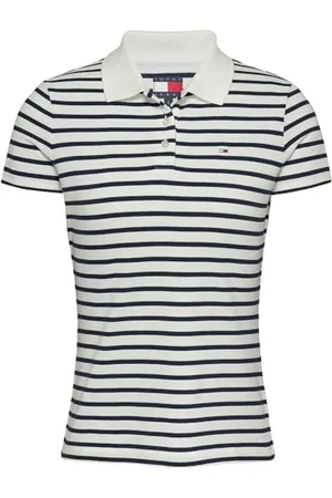 Tommy Hilfiger Damen Poloshirt Kurzarm Slim Essential Stretch, Mehrfarbig (Ecru/Navy Stripe), M