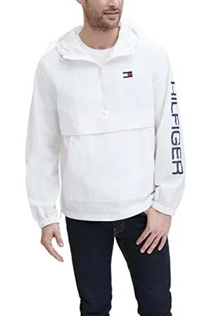 Tommy Hilfiger Herren Leichte Taslan-Windjacke mit Kapuze, wasserabweisend, Retro-Stil Windbreaker, White, XL