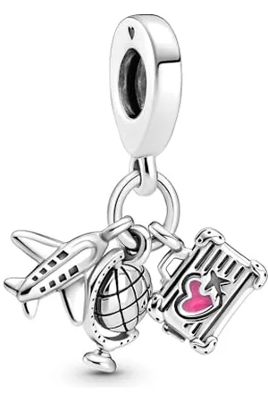 PANDORA Moments 799435C01 Flugzeug, Globus und Koffer Charm-Anhänger aus Sterling-Silber mit rosafarbener Emaille 6x13,6x15 mm (T/H/B)