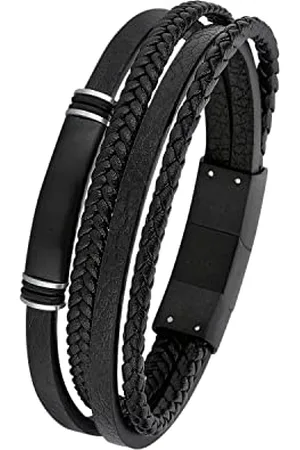 QS by s.Oliver Armband für Herren, Gravierbar, Leder / Edelstahl, IP Schwarz, Länge: 20-21,5 cm