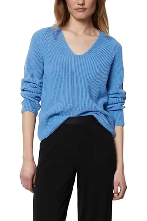 Marc O’ Polo Marc OߴPolo Damen Strickpullover aus Bio-Baumwolle mit V-Ausschnitt, Blau (Shiny Sky), XL