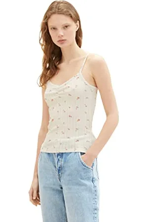 TOM TAILOR Damen 1036615 Top mit Raffung & Rippstruktur, 31951-Small Off White Flower Print, M