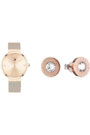 Tommy Hilfiger Analog Quarzuhr für Damen mit Rotgoldfarbenes Edelstahl-Mesh-Gliederarmband - 1782218 Jewelry Ohrstecker für Damen aus Edelstahl mit Kristallen - 2700752