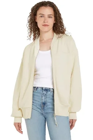 Tommy Hilfiger Damen Sweatshirt mit Reißverschluss Muted Zipup Jacket ohne Kapuze, Weiß (Calico), M-L
