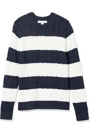 Amazon Herren Pullover mit Langen Ärmeln und Rundhalsausschnitt aus 100% Baumwolle mit Zopfmuster, , L
