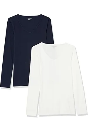 Amazon Damen Langärmliges Rippstrick-Lagen-Top mit V-Ausschnitt in schmaler Passform (erhältlich in Übergröße), 2er-Pack, , 6XL Große Größen