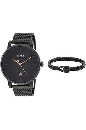 HUGO BOSS Watches and Jewelry Herren Analog Quartz Uhr und Schwarzes Lederarmband