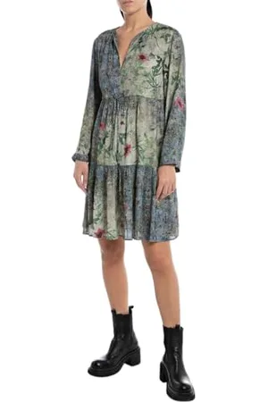 Replay Damen Kleid Langarm Knielang, (Mehrfarbig), S