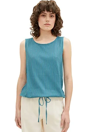 TOM TAILOR Damen 1036892 Top mit Bindedetail & Streifen, 32056-Petrol Green Thin Stripe, S