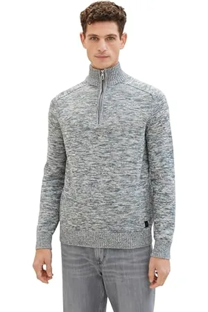 TOM TAILOR Herren Troyer Strickpullover aus Baumwolle, dusty dark teal mouline, S