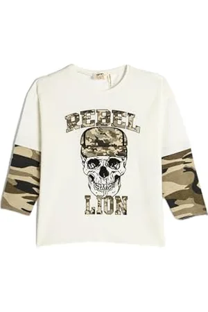 Koton Boys Skull Printed T-Shirt Camouflage Detail Long Sleeve Crew Neck Cotton