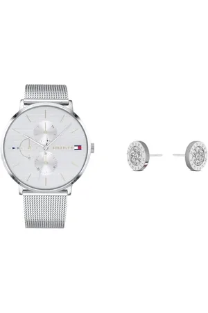 Tommy Hilfiger Multi Zifferblatt Quarz Uhr für Damen mit Silbernes Edelstahl-Mesh-Gliederarmband - 1781942 & Jewelry Ohrstecker für Damen aus Edelstahl mit Kristallen - 2780565