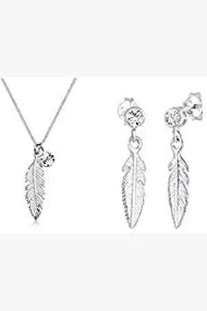 Elli Damen Schmuck Echtschmuck Halskette Kette Anhänger Boho Solitär-Kette Feder Basic Sterling Silber 925 + Ohrringe Damen Ohrringe mit Feder Anhänger Boho Kristalle in 925 Sterling Silber