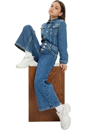 Koton Girls Flare Denim Trousers Button Closure Pocket Detail Cotton