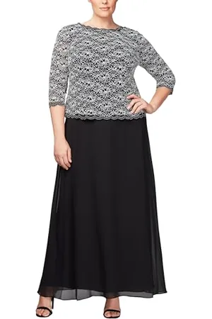 ALEX Damen Plus-Size Long Evening Gown with Sequin Lace Bodice Dress Kleid fr besondere Anlsse, schwarz/weiß, 48 Mehr