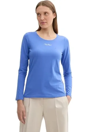 TOM TAILOR Damen 1044393 Basic Longsleeve mit Logo-Print, 10619-Preppy Jean Blue, XXXL