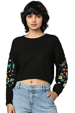 ONLY Damen ara L/S Emb KNT Pullover Sweater, Schwarz, S EU