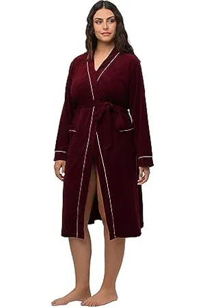 Ulla Popken Damen Frottee, Schalkragen, Zierkante, Langarm Bademantel, , 46-48