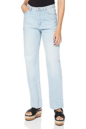 NA-KD Damen Straight High Waist Raw Hem Jeans, hellblau, 42 EU