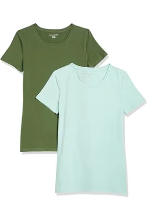 Amazon Damen Kurzärmeliges T-Shirt mit Rundhalsausschnitt, Klassischer Schnitt, 2er-Pack, , M