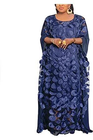 HD Collection Damen-Kleid mit Blumen-Applikationen im afrikanischen Stil, U-Boot-Ausschnitt, Chiffon-Kaftan, Einheitsgröße, , Einheitsgröße