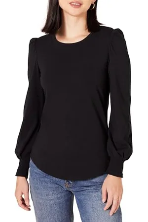 Amazon Damen Langarm-T-Shirt mit Rundhalsausschnitt und gesmokten Bündchen, , L