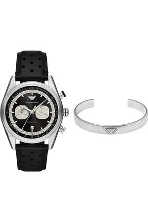 Emporio Armani Herren Schwarze Leder-Uhr und Silber-Ton Edelstahl Armband, Set