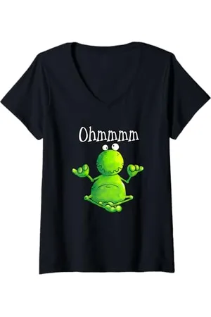 MODARTIS Damen Ohmmm Yoga Frosch Cartoon Meditation Entspannung Fun T-Shirt mit V-Ausschnitt