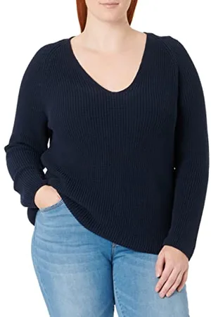 Marc O’ Polo Marc OߴPolo Damen Strickpullover aus Bio-Baumwolle mit V-Ausschnitt, Blau (Night Sky), XS
