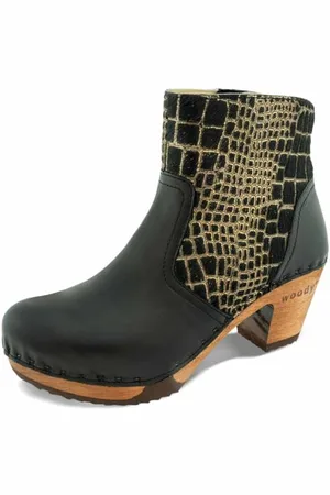 Woody Damen Tanja Clog Stiefelette, Schwarz-Cocco Gold, 39 EU
