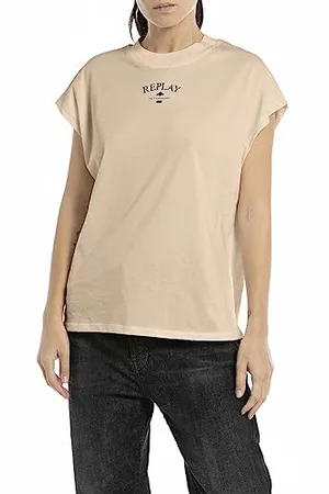 Replay Damen T-Shirt Kurzarm aus Baumwolle mit Logo, (Beige), S