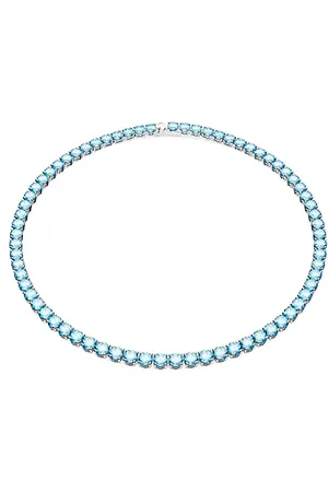 Swarovski Matrix Tennis Halskette, Blaues und Rhodiniertes Schmuckstück mit Strahlenden Kristallen