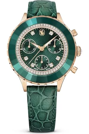 Swarovski Octea Chrono Uhr, Grüne Damenuhr mit Lederarmband und Strahlenden Kristallen
