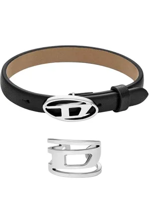 Diesel Herren Stackables Schwarzes Lederarmband und Silber-Ton Edelstahl Ohrringe, Set
