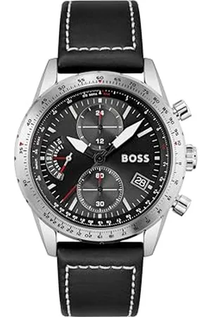 HUGO BOSS Herren Chronograph Quarz Uhr 44mm Pilot Edition Chrono mit Schwarzem Zifferblatt, Schwarzem Lederarmband, Datumsfunktion, 3 Totalisatoren, 5ATM Wasserdichtigkeit - 1513853