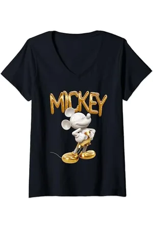 Disney Damen Mickey Mouse Gold Statue T-Shirt mit V-Ausschnitt