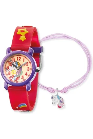 Engelsrufer Herzengel Kinder Uhrenset mit Einhorn Motiv - analoge Armbanduhr, robustes Kunststoffgehäuse, weiches Band, 27mm, 3ATM mit passendem Nylonarmband und Stiftemäppchen