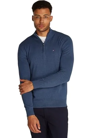 Tommy Hilfiger Herren Pullover mit Reißverschluss Essential Cotton Mock Halbzip, Blau (Aegean Sea Heather), L