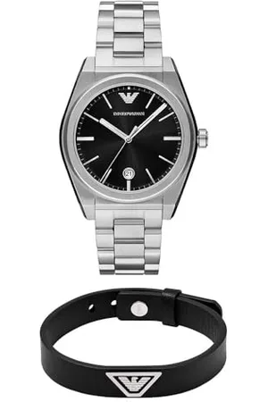 Emporio Armani Herren Silber-Ton Edelstahl-Uhr und Lederarmband, Set