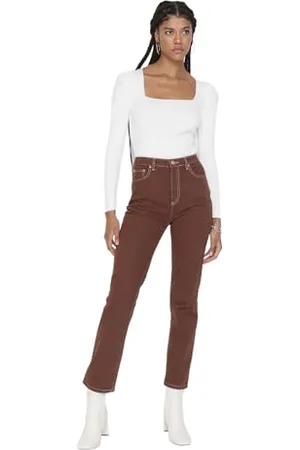 Trendyol Damen Brown Contrast Thread High Waist Bootcut Jeans, , 38 EU