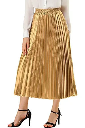 Allegra K Damen Party Elastische Taille Metallic Glänzend Akkordeon Plissee Midi Rock, , X-Groß