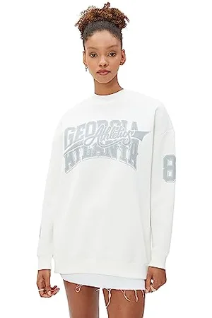 Koton Women Crew Neck Oversized Printed Ribbed Sweatshirt