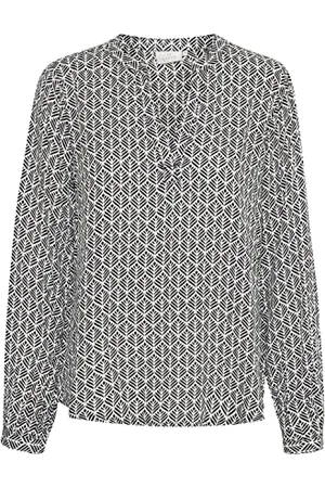 Kaffe Langarm-Bluse KAfana Damen Bluse Langarm V-Ausschnitt Casual Print Shirt Black/Chalk Fan Print 42