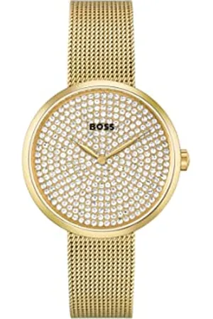 HUGO BOSS Analog Quarzuhr für Damen Kollektion Praise mit Goldfarben Edelstahl-Mesh-Gliederarmband - 1502659