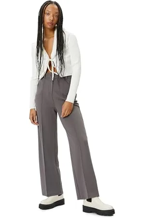 Koton Women Wide Leg Fabric Trousers High Rise Relax Cut Ribbed Detail Pockets