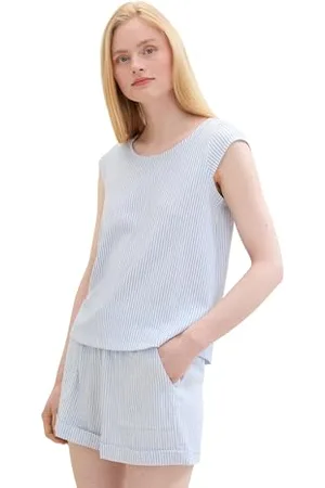 TOM TAILOR Damen Basic Top mit Kapuzenärmeln, small mid blue white stripe, XXL