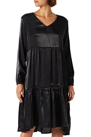 Cream & Co. Damen Creme Satin gestuft Midi V-Ausschnitt Lange Ärmel Lässiges Kleid, , 34