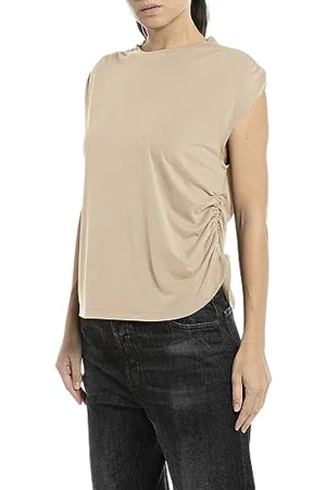 Replay Damen T-Shirt Kurzarm Ärmellos, (Beige), M